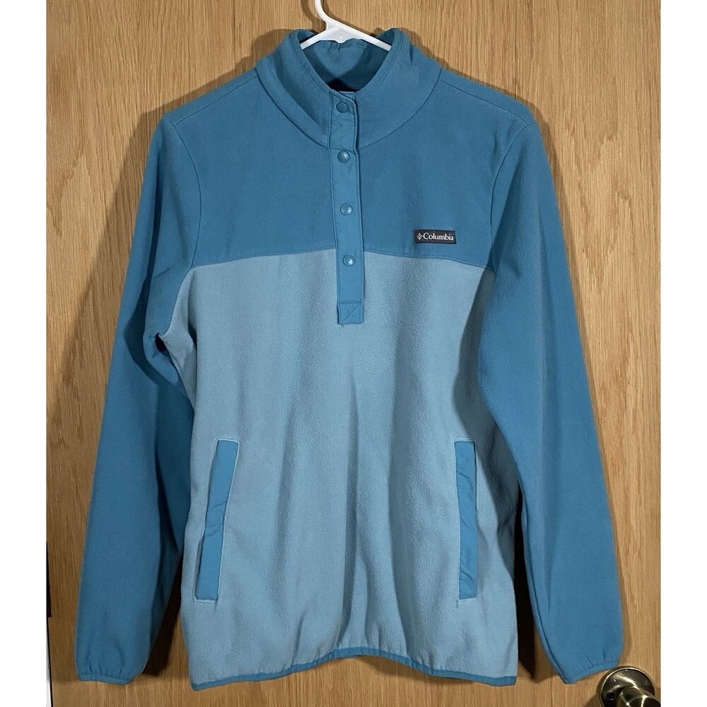 Columbia Women's Sz Lg Blue Colorblock 1/4 Snap Fleece Pullover Hiking Warm